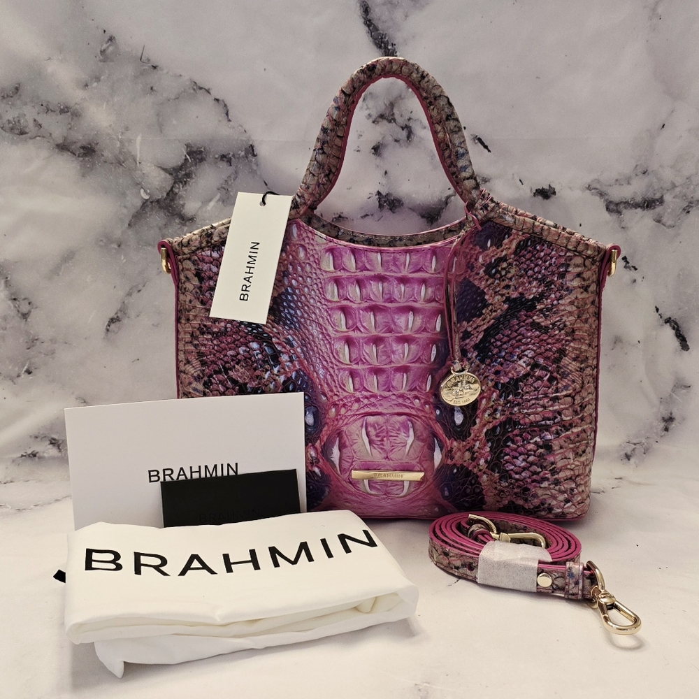 Brahmin Ombré Melbourne Small Elaine Satchel Pink Cobra Snake Embossed Leather